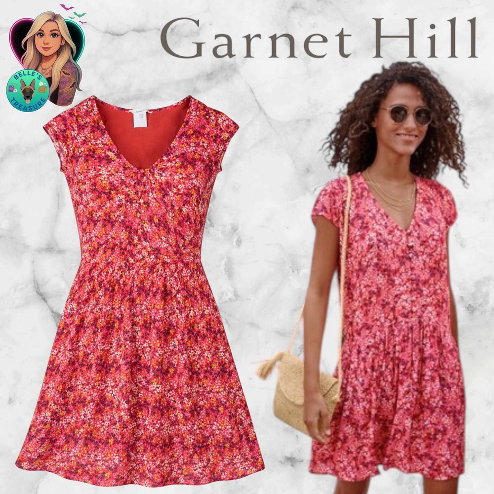 Garnet Hill Women's Oversized XS Red Floral Sundress Button Up or Summer Troical